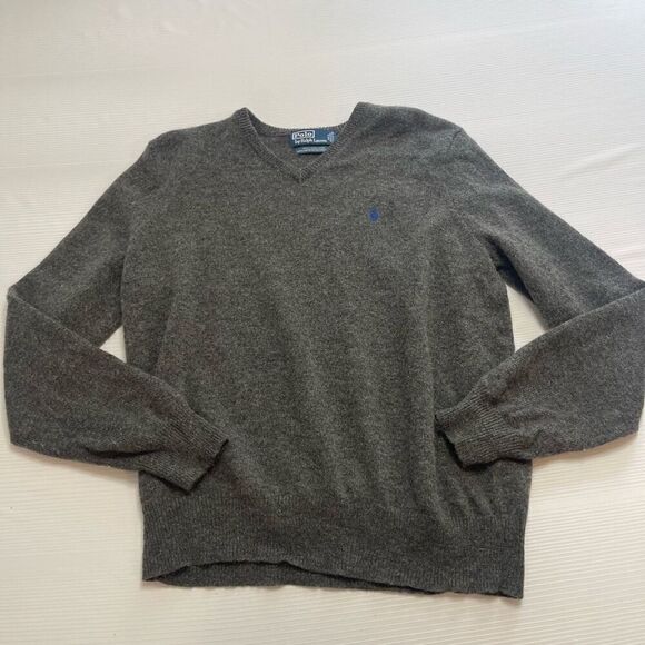 Polo Ralph Lauren Vintage Grey Lambswool V Neck Sweater Size Large - Picture 1 of 9